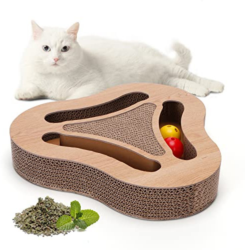 Nobleza Katzen kratzbrett mit Minze，Katzenspielzeug Interaktives mit 2 Klingelballs，3 in 1 Wellpappe Kratzmatte Katze