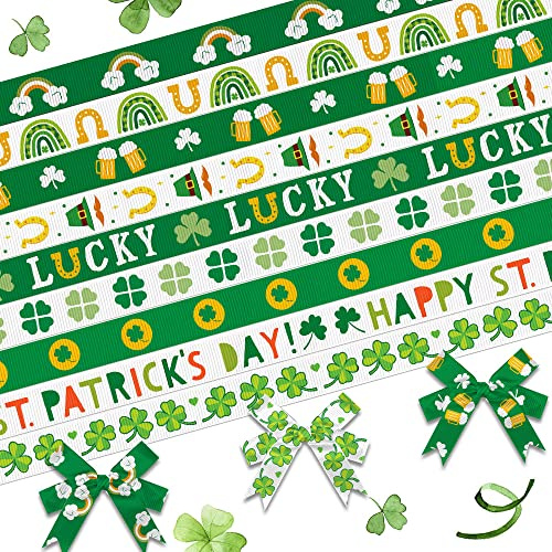 Estivaux 9 PCS St. Patrick's Day Ribbons 3/8 Wide White Green Grosgrain Ribbon Irish Shamrock Ribbon Leprechaun Hat Craft Ribbons for Gift Wrapping Saint Patrick's Day Carnival Party Decor, 27 Yards