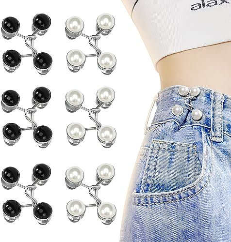 TNSLAND Pearl Jean Knopfnadeln 6 Stück Verstellbare Knöpfe Hosenknopf Nagelfreie Taillenschnallen Taillenschnallenverlängerung Abnehmbarer Jeansknopf Button Pins Hosen Clip zum Hose Jeans Enger Machen