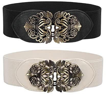WERFORU 2 Stücke Breiter Elastischer Taillengürtel für Frauen, Damen Vintage Stretchy Taille Gürtel Breite Retro Mode Cinch Schwarz/Beige