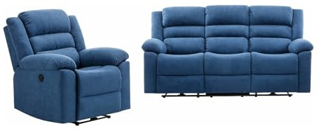 Vente-unique - Canapé 3 Places et Fauteuil Relax électrique en Tissu Bleu BUROLO