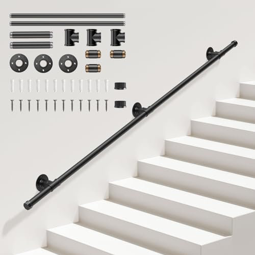 Handrails for Stairs, Sunowl 2M Stair Handrail Indoor Outdoor, Safety Wall Mounted Hand Rails Non-Slip Industrial Wrought Iron Banister Handrail, Corrosion-Resistant Wear-Resistant Stair Handrail