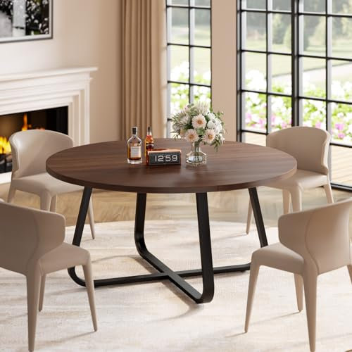 LVB Round Dining Table, Modern Wood Metal Kitchen Tables, Industrial Small Dinner Room Table for 4 to 6 People, Circle Coffee Dining Room Tables for Home Kitchen Living Room, Walnut, 51 Inch