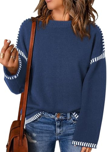 PADOLA Pull Femme Oversize Sweat Col Rond côtelé Pull Tricoté Rayé Ample Sweatshirts Chic et Elegant Automne Hiver Chaud Polaire Manche Longue Décontracté Tunique Haut Habit (L, 3 Bleu Marine)