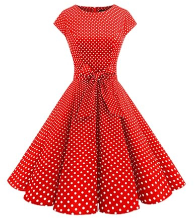 Aupuls Abito da donna Rockabilly anni '50, svasato, abito da cocktail per matrimonio, Rosso Bianco Dot A, M