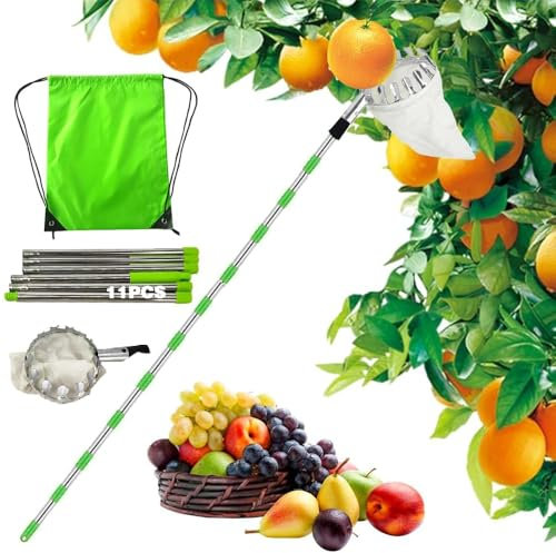 TUIBEIDAMAI Recogedor de frutas con mango telescópico de 4,25 m, diámetro de 16 cm, recogedor de cerezas con bolsa de algodón, recogedor de frutas de acero inoxidable para cerezas, ciruelas, recogedor