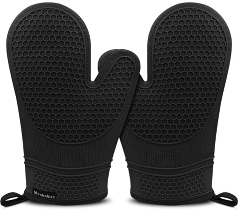Monbalcon Silicone Oven Mitts Heat Resistant to 500ºF - [Ultra Heat Resistant] [Thickened Liner] [Waterproof Silicone] Kitchen Oven Gloves Mittens for Cooking, 1 Pair (Black)