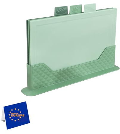 IDOBY Plastic Chopping Board Set of 3 with Stand, Three Kitchen Boards Dishwasher Safe, Snack Board Set Kitchen with Marking, Hygienic Kitchen Accessories (Green Horizontal)