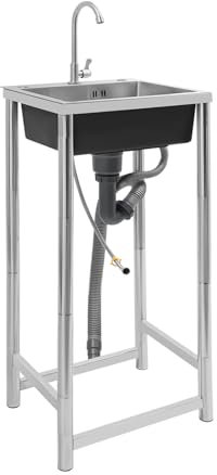 Czyurachel Lavandino indipendente, 45 x 41 x 75 cm, in acciaio inox, da campeggio, da giardino, per esterni, per garage, officina, lavanderia, campeggio, argento-nero