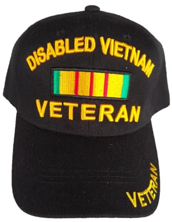 Disabled Vietnam Veteran Baseball Cap, Military Service Ribbon, Black with Gold Letters