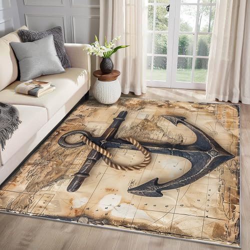MMYAOKEN Anker Teppich Wohnzimmer 40x60 Nautisch Karte Maritim Deko, Kleiner Teppich Kurzflor, Weich rutschfest Waschbare Teppiche, Fußmatte Bettvorleger Schlafzimmer Kinderzimmer