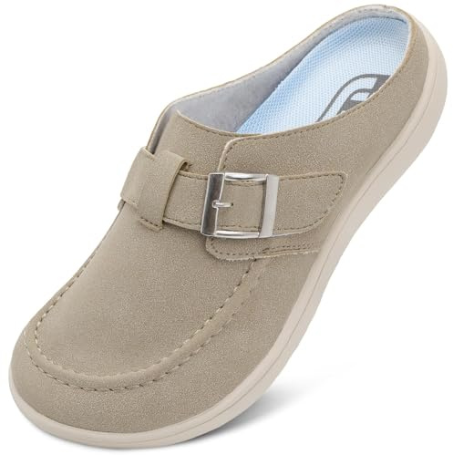 JIASUQI Womens Suede Clogs Wide Diabetic Mules for Swollen Edema Slip on Zero Drop Potato Shoes Slippers with Adjuatable Buckle Indoor & Outdoor(Taupei 38,5 UK)