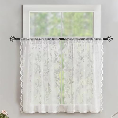 Devola Scheibengardine Romantisch Kurzgardine 2er Set Gardinen Landhaus Spitze Bistrogardine Blumenmuster, Küchenvorhang für Badezimmer Klein Fenster HxB 120x75cm Weiß 2 Stück