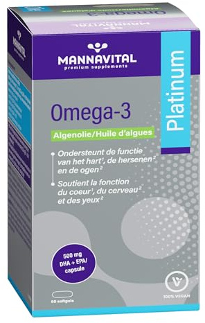 Mannavital Omega-3 Platinum Vegan, Huile d'Algues, 60 Gélules, DHA et EPA 500mg, Complément Alimentaire pour Cœur et Cerveau