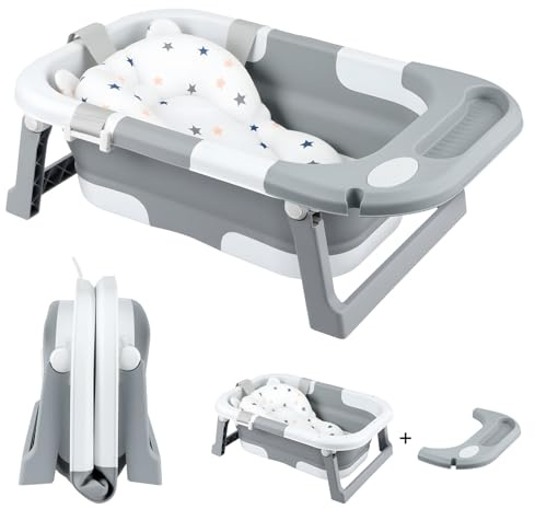 LN COZY CORNER Foldable Baby Bathtub with Seat Support – Portable Collapsible Infant Bath Tub for Newborn to Toddler (0–36 Months), Non-Slip Safe Baby Bathing Tub (Grey)