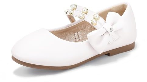 PANDANINJIA Toddler Girls Dress Shoes Pearls Bow Ballet Flats Flower Girl Shoes for Wedding Party School Communion Shoes (White Pu, 1 M US Little Kid)