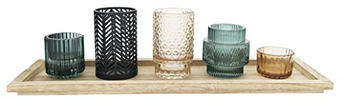 Bloomingville 5-Piece Embossed Glass and Metal Tealight Candle Holders in a Wood Tray, Multicolor