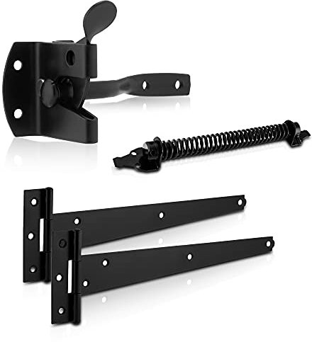 XFORT Premier Auto Gate Latch Black Pack, Complete with 300mm T-Hinges & 8 Gate Spring, Weather Resistant Garden Gate Kit, Auto Gate Latch Set, Gate Fitting Kit Ideal for External Wooden Garden Gates
