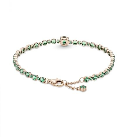 PANDORA Funkelndes Herz Tennisarmband in 14 Karat Rosévergoldeter Metalllegierung mit Künstlichen Grünen Kristallen, Gr.20, 580044C01-20