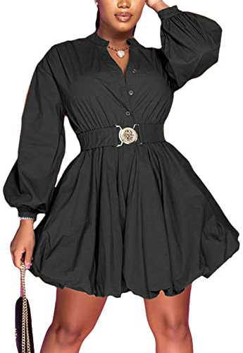 Uni Clau Womens Button Down Shirt Dress Long Sleeve A-Line Casual Puffy Short Mini Dress with Belt Black XL