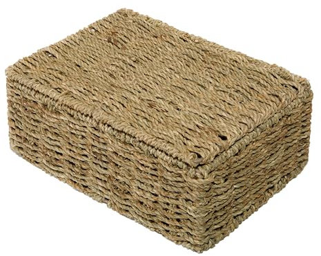 Seagrass Woven Storage Basket and Gift Basket Hamper and Box With Lid for Home Storage of Shelve Bathroom Collection Rectangular Brown (Small)
