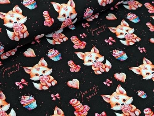 Eigenproduktion Bio Baumwolljersey Fuchs Mädchen im Zuckerrausch auf Schwarz Stoff Meterware Jersey Fox Süß