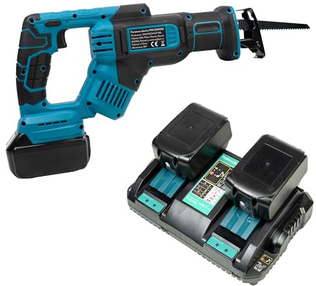 Powerful Reciprocating Saw Kit PNI CSW100 with 4 Blades Included and Dual Charger, 2 Batteries PNI DCH218 18V 5Ah