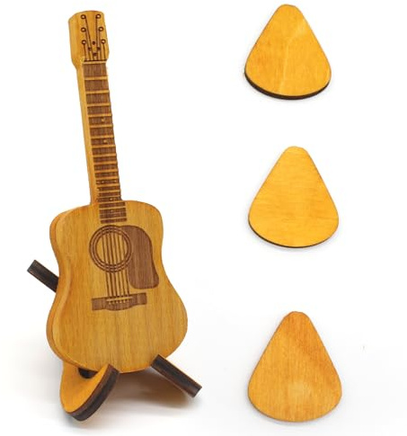 JDBlissful Acoustic Guitar Pick Box With 3 Plectrums and Stand, Wooden Holder Case, Personalised Picks, Gift for Players and Lovers