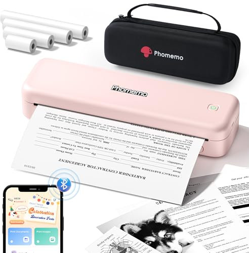 Phomemo M834 Portable Printer, Thermal Printer A4 Compatible with Phone & Laptop, Bluetooth Inkless Printer for Home Use, Wireless Printer Includes Carry Bag and 4 Rolls of Thermal Disposables, Pink