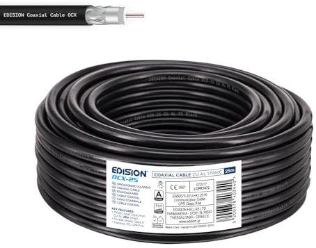 EDISION OCX-25 Câble coaxial 25m, Câble d'antenne TV Externe/Interne PE Noir, Cuivre CU/AL, 17PAtC, CPR Fca, Classe A, Câble Sat, pour DVB-S2, DVB-T/T2, DVB-C, RADIO, Bobine 25m