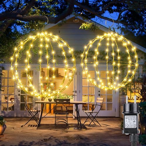 iBaycon Weihnachtsbeleuchtung Außen kugel,Warmweiße Hängekugeln blinkenden Perlen,Hauptstromversorgung mit Timer, Faltbare Kugel Weihnachtsdeko Lichterkette Garten,Party Innen(33cm+28cm,2er-Pack)
