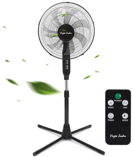 Taylor Swoden Ventilateur sur Pied avec Télécommande, Minuterie 9h, 50W Ventilateur Silencieux Puissant, 3 Modes/3 Vitesses, Affichage LED, 7 Pales Oscillantes 90°, Hauteur Réglable 111-126cm