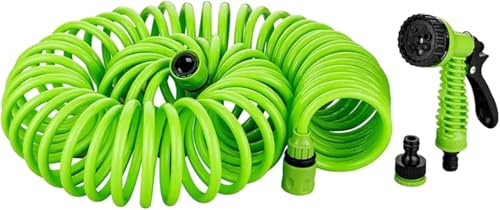 Manguera en espiral de jardín, Manguera de agua extensible, Manguera de riego espiral,7 modalidades de riego,Inclye pistola, Verde,para riego de jardín, mascotas, lavado de coches (7.50 Metros)