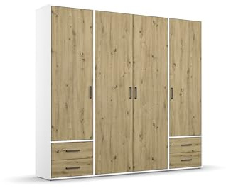 Rauch Möbel Voyager, Kleiderschrank für Schlafzimmer, Kinderzimmer, Jugendzimmer, Flur, 4-türig, 4 Schubladen, mit Zubehör Premium, Farbe Eiche Artisan, Holz/Weiß, Breite 187cm