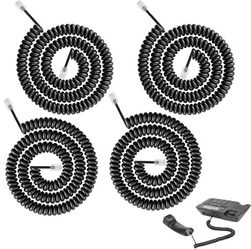 LifgWas 4pcs Cable de Telefono 3M Negro, RJ9 4P4C Cable Espiral para Teléfono Fijo, Cable para Auricular de Teléfono de Recambio para Oficina y Hogar