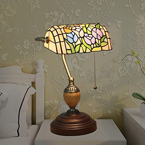 Vintage bankirlampa, bord, pianolampa, skrivbord, antik legeringsbas, nattlampa för sovrum, vardagsrum, målat glas (färg: grön) (påsklilja A)