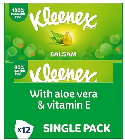 Kleenex® Balsam Facial Tissues - Pack of 12 Tissue Boxes - Balm Tissues Protect and Soothe Your Nose When You've Got a Cold - Balmcare® with Aloe Vera, Vitamin E and Calendula