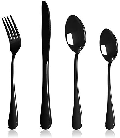 HaWare Black Cutlery Set, 24 Pcs Stainless Steel Flatware Knife Fork Spoons | Service for 6, 18/0, Mirror Polished Flatware, Easy to Clean