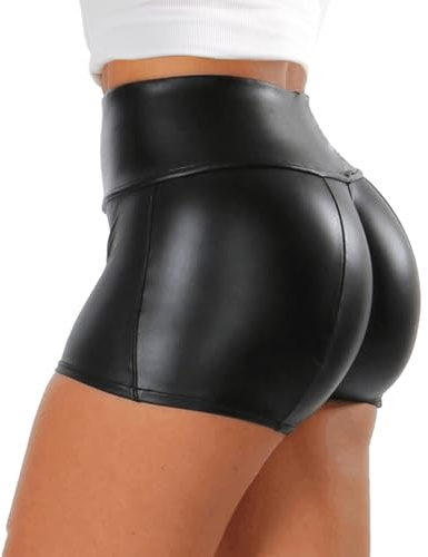 Tulucky Women's Flexible Club Faux Leather Shorts High Waisted Sexy Disco Short Hot Pants, Black, S