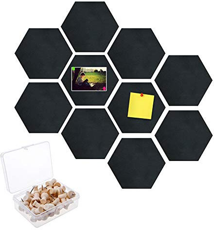 Feelava Pinnwand Korktafel, 10 Stück Sechseckig, Filztafel Memoboard, Schwarze Filzfliesen, Memo-Pinnwände, Hinweis, Gerahmte Pinnwand Mit Pinnnadel für Zuhause, Büro, Klas