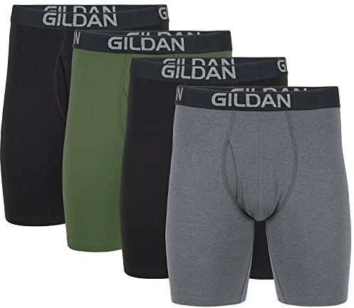 Gildan Men's Cotton Stretch Boxer Brief, Multipack, Black Soot/Heather Dark Grey/Green Midnight (4-Pack, Long Leg), XXL (Pack of 4)