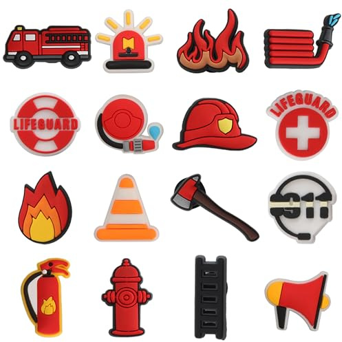 mortd Fireman Theme Shoe Decoration Charms, 16PCS Firefighter Fire Truck Fire Extinguisher Fire Hydrant Charms for Shoe Wristband, PVC Shoe Charms for Party Favor Adults Holiday Birthday Gifts
