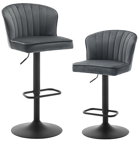 EUGAD 2er Set Barhocker höhenverstellbar, Barstuhl 360° drehbar, Küchenhocker mit Rückenlehne Fußstütze, für Kücheninsel Wohnzimmer, aus Samtbezug Polsterung Metallgestell, Dunkelgrau, 1056BY-2
