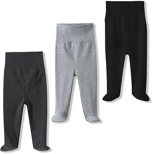 BINIDUCKLING Newborn Baby Boys Girls 3-Pack Trousers with Feet Cotton High Waist Footed Pants 0-3 Months, Black&Dark and Light Grey