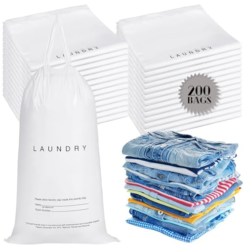 Wowangce 200 Pack Hotel Laundry Bags Bulk 1.38 Mil 14 x 24 Laundry Plastic with Drawstring Closure Writing Strips Patient Personal Belongings Dirty Clothes Bag for Factory Travel Hospital
