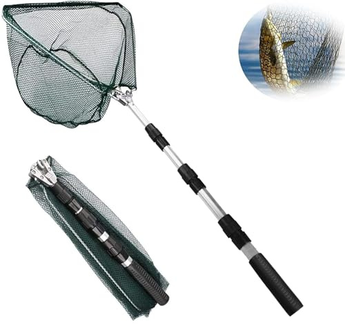 Épuisette de Pêche, Xndryan 130 cm Long Manche Épuisette Pliable Téléscopique, Idéal pour la Carpe et la Truite en Étang