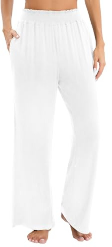 Famulily Ladies Soft Casual Wide Leg Trousers with Pockets, Elasticated Waist Loose Fit Lounge Pants (L, Cream Colour)