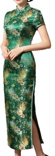 CAEITLRSO Vert Femmes Chinois Cheongsam Fleurs Conception Dame Cheongsam Style Chinois Fendu Mariage Traditionnel Qipao Robe Femme Vêtements