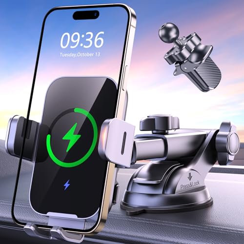 ISEYOU Car Phone Holder Wireless Charger Auto Clamping, 15W Fast Charging Wireless Car Charger for Dash Windshield Vent Compatible with iPhone 16 15 14 13 12 Pro Max, Samsung Galaxy S24+ S23 Ultra