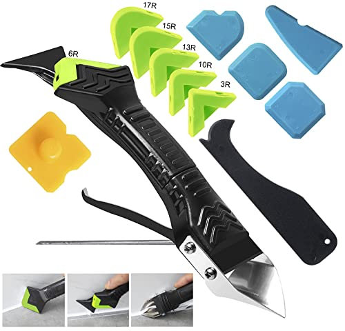 Outil de calfeutrage 5 en 1 en silicone pour enlever les joints - Outil de finition avec grattoir à joints, 6 tampons en silicone d'échange - Grattoir à résidus adhésifs - Kit d'outils de réparation